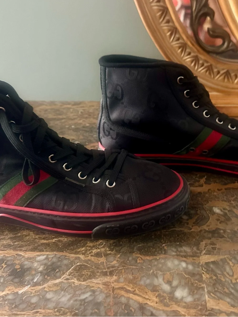 Gucci Black High-Top Sneakers with Green and Red Stripe